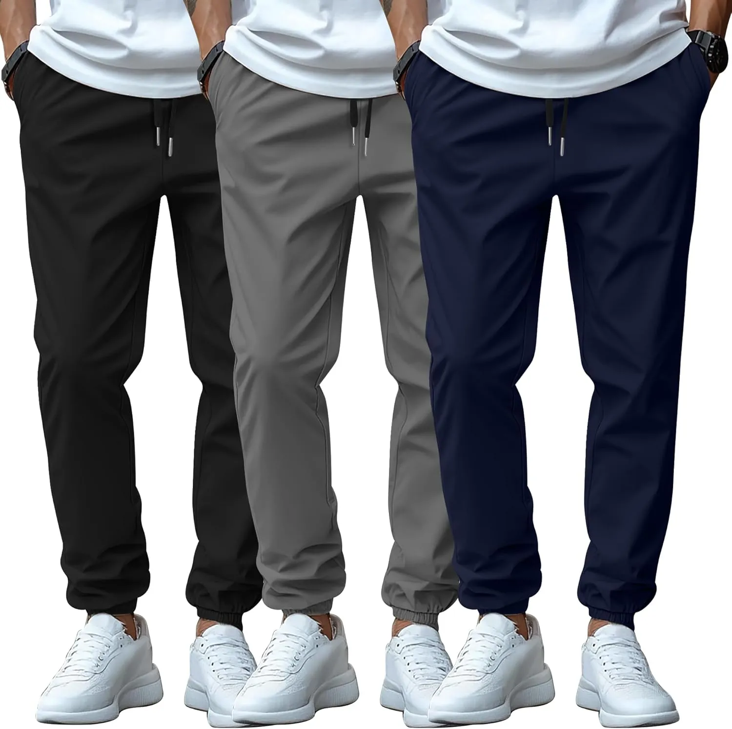 3 Pack Men's Casual Jogger Pants, Cotton Drawstring Sweatpants with Pockets Hiking Outdoor Athletic Joggers