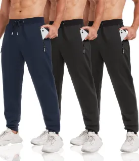 3 Pack Sweatpants for Men Tapered Mens Joggers Pants with Zip Pockets Fleece Slim Fit Workout Running Gym Sweat Pants