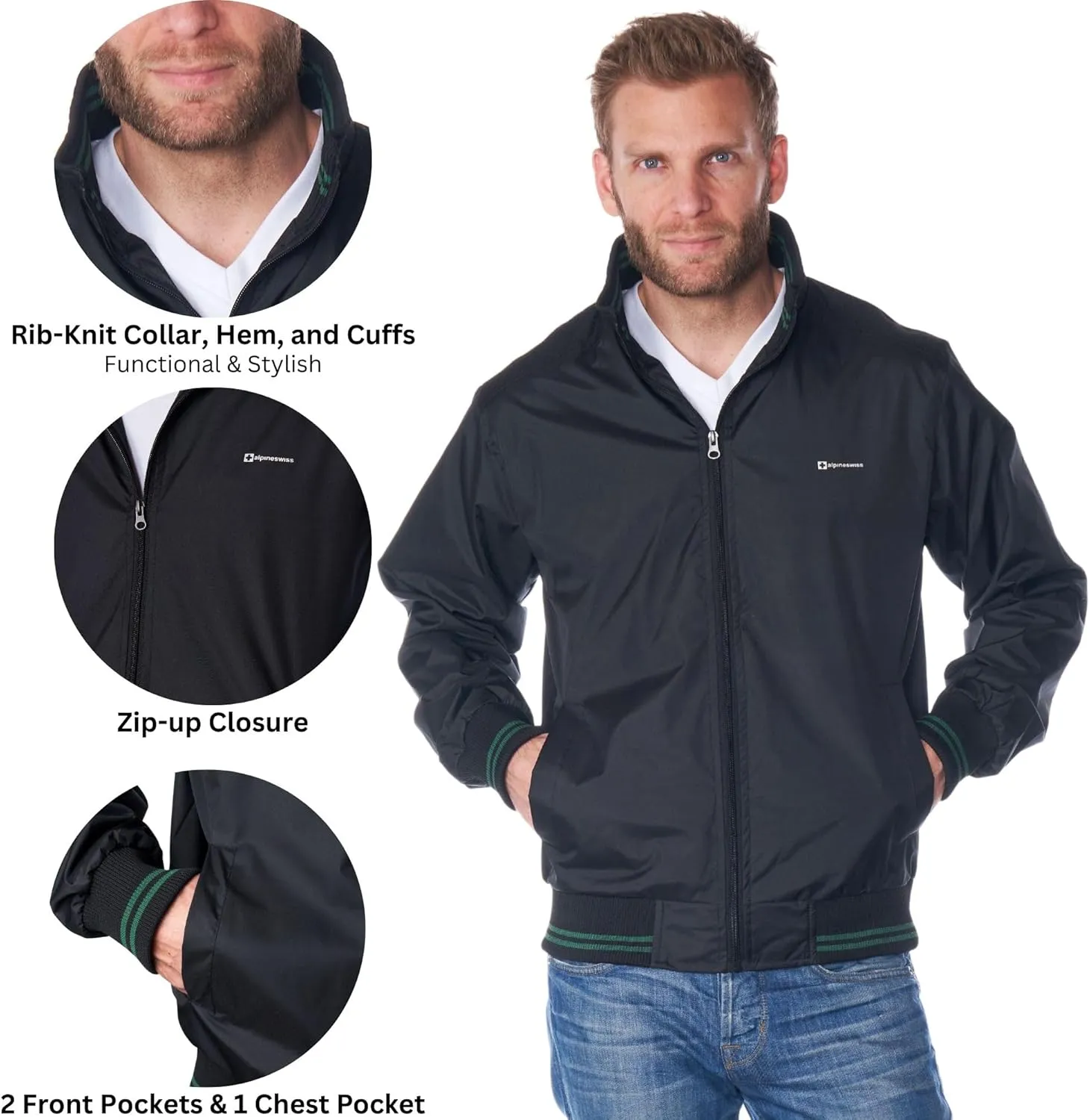 Alpine Swiss Alvin Mens Lightweight Bomber Jacket Casual Windbreaker Varsity Style Coat Versatile Stylish Everyday Outerwear