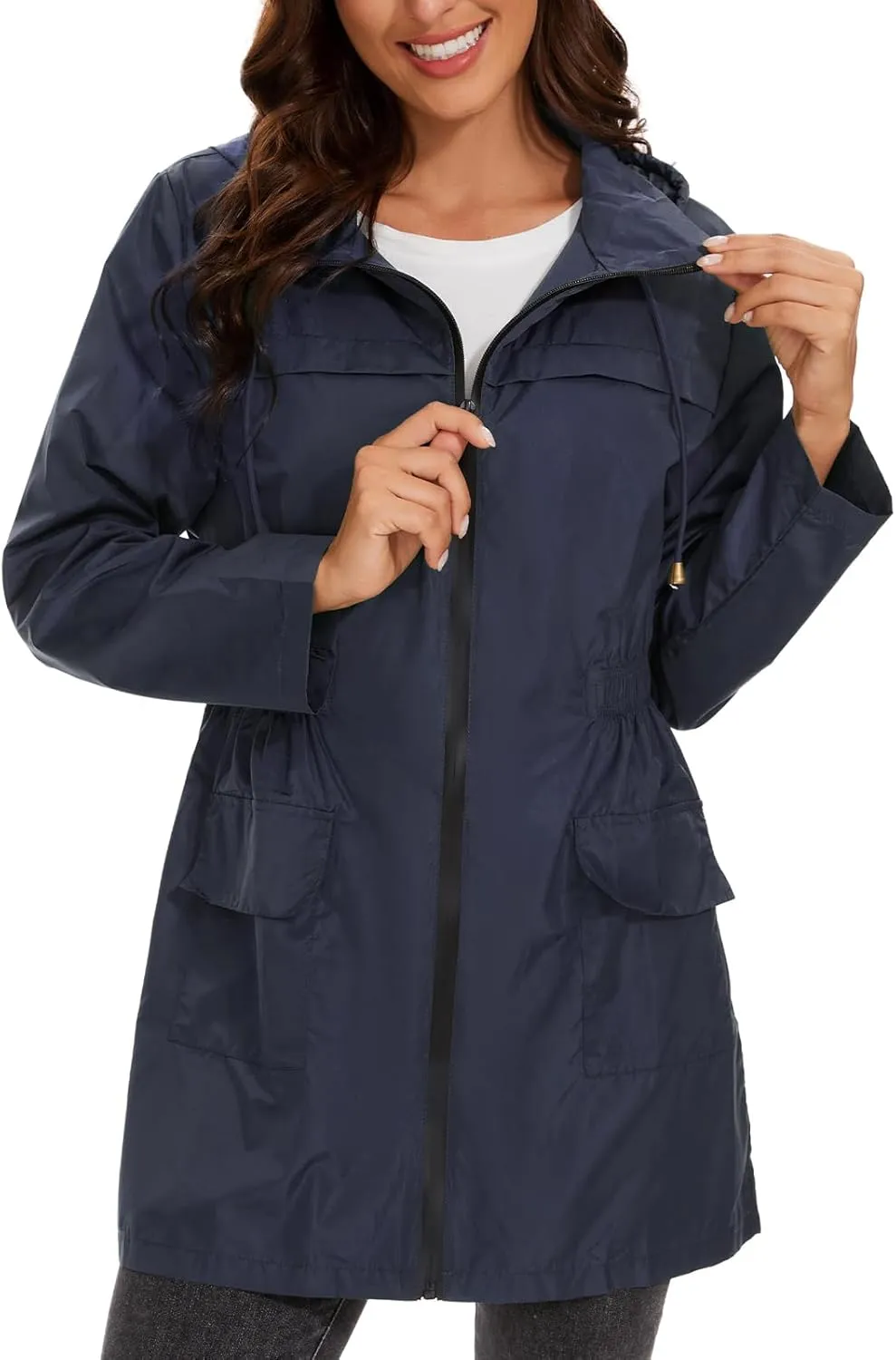American Trends Rain Jacket Women Waterproof with Hood Windbreaker Jacket Travel Rain Coat Packable Lightweight Long Raincoat
