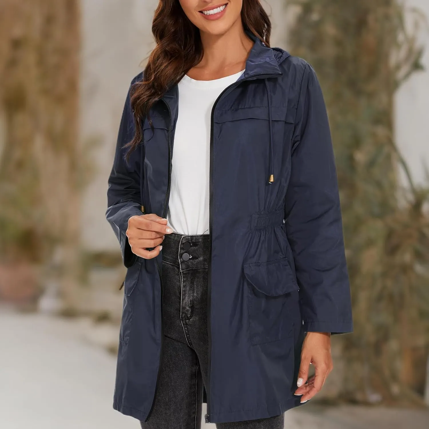 American Trends Rain Jacket Women Waterproof with Hood Windbreaker Jacket Travel Rain Coat Packable Lightweight Long Raincoat