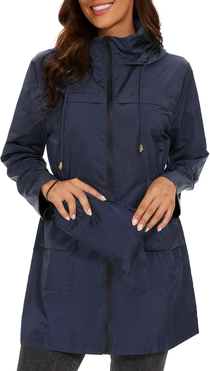 American Trends Rain Jacket Women Waterproof with Hood Windbreaker Jacket Travel Rain Coat Packable Lightweight Long Raincoat