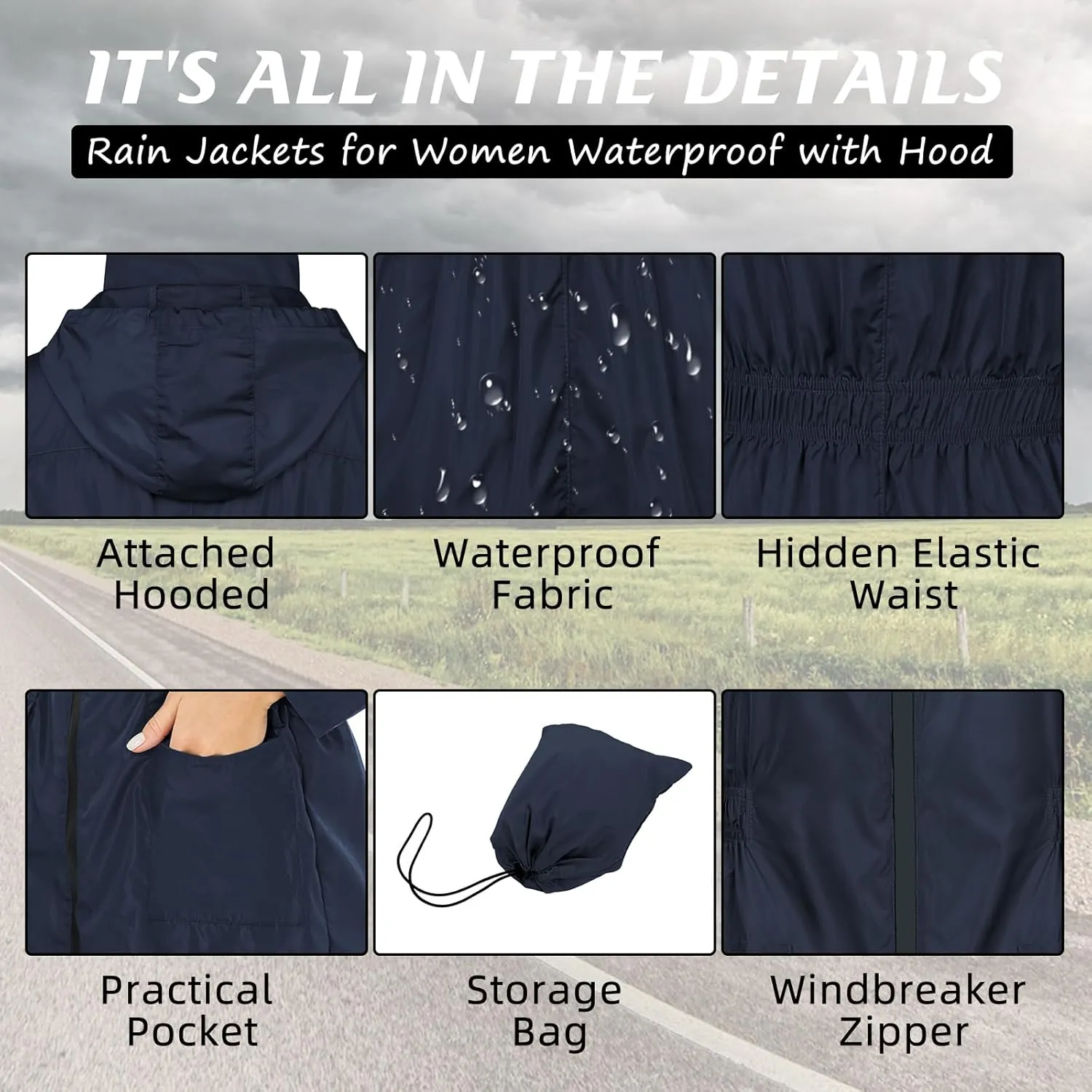 American Trends Rain Jacket Women Waterproof with Hood Windbreaker Jacket Travel Rain Coat Packable Lightweight Long Raincoat