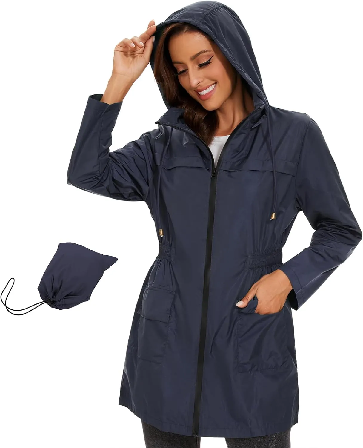 American Trends Rain Jacket Women Waterproof with Hood Windbreaker Jacket Travel Rain Coat Packable Lightweight Long Raincoat