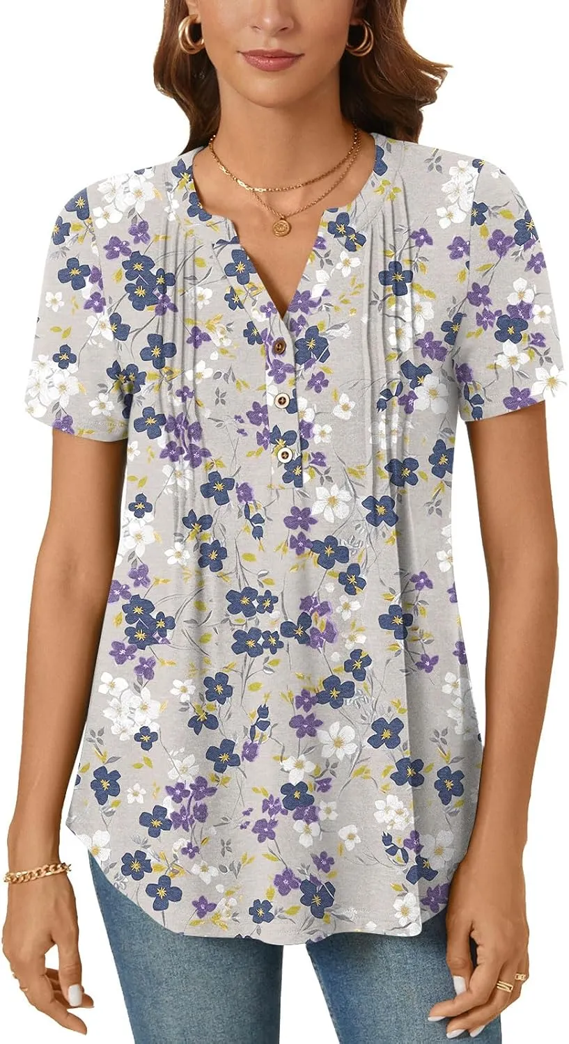 Bestbee Women's Summer Tops Short Sleeve Tunics Dressy Casual Blouses Henley Neck Button-Down Shirts