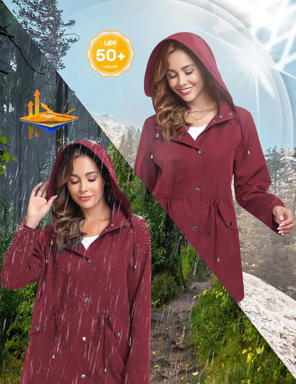 Bloggerlove Rain Jacket for Women Waterproof with Hood Trech Coat for Women Lightweight Raincoats Long Windbreaker