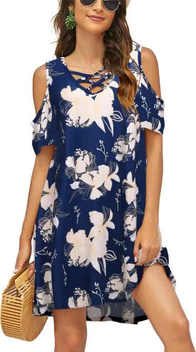 Bluetime Women Cold Shoulder Summer Dress Short Sleeve Beach Casual Loose Swing Dress