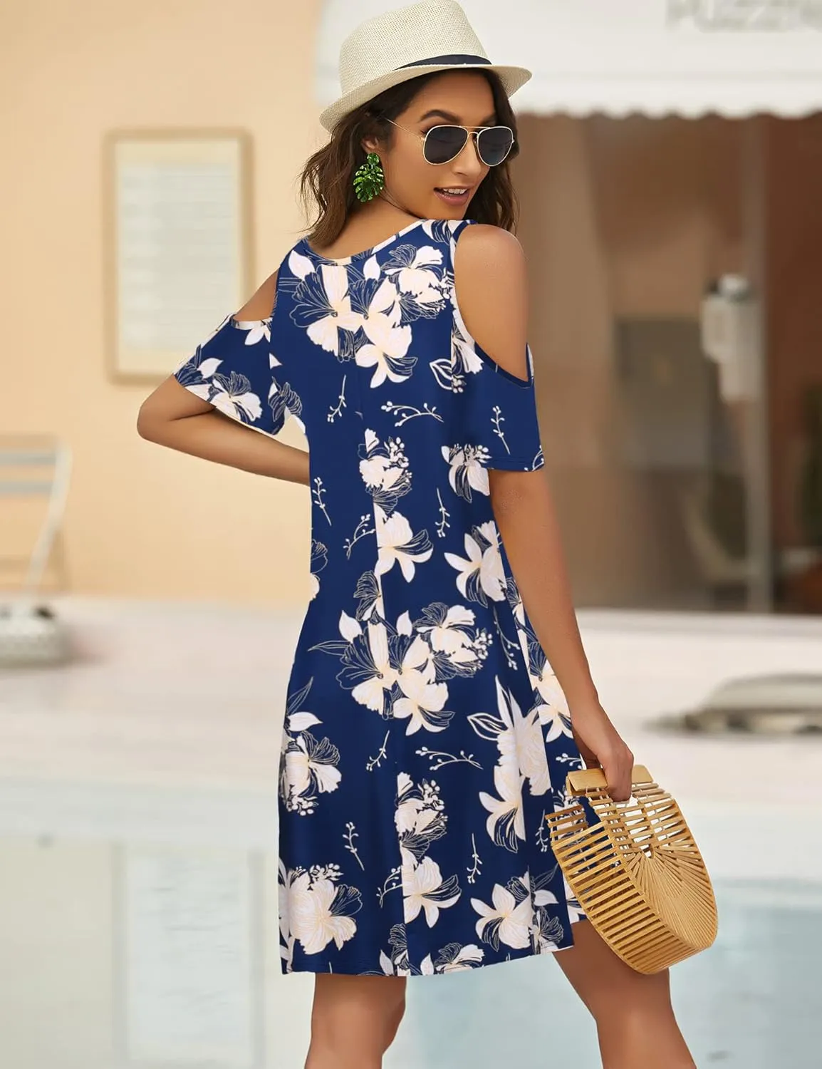 Bluetime Women Cold Shoulder Summer Dress Short Sleeve Beach Casual Loose Swing Dress
