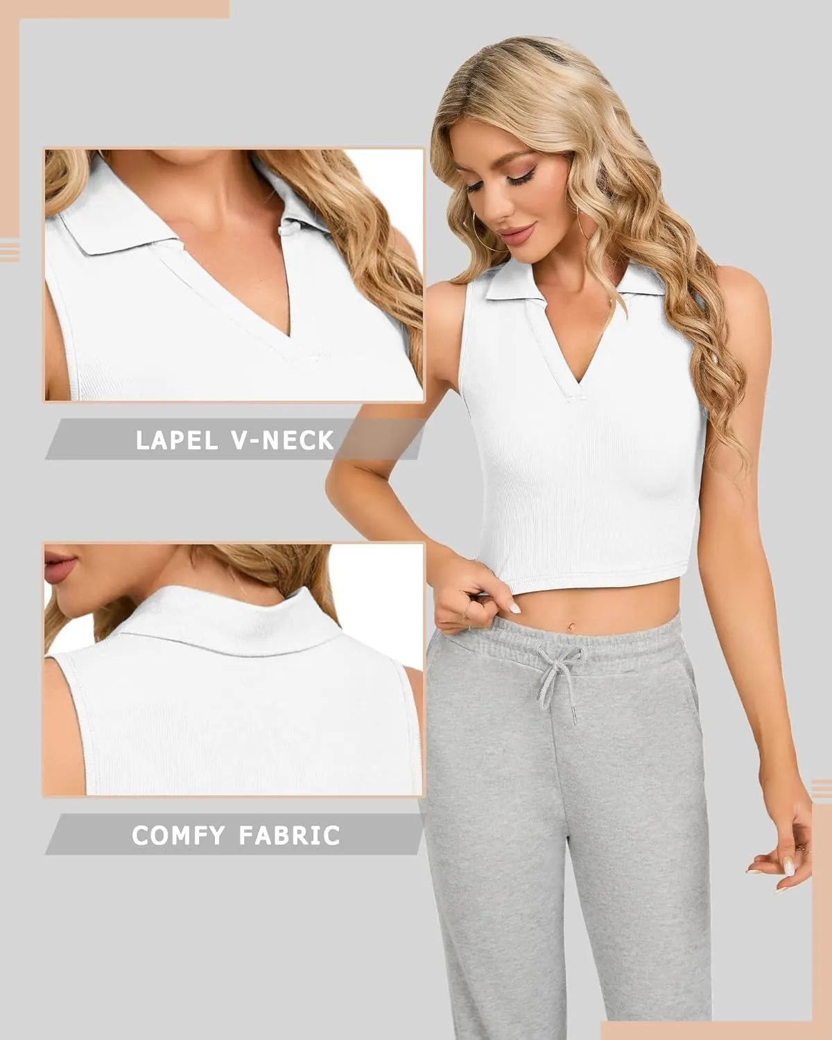 CLOZOZ Womens Tank Tops Polo Crop Top V Neck Ribbed Sleeveless Tops Collar Shirts Womens Crop Tops Polo Cropped Tank Trendy