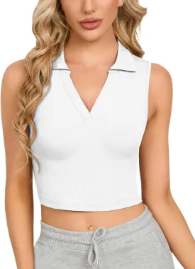 CLOZOZ Womens Tank Tops Polo Crop Top V Neck Ribbed Sleeveless Tops Collar Shirts Womens Crop Tops Polo Cropped Tank Trendy