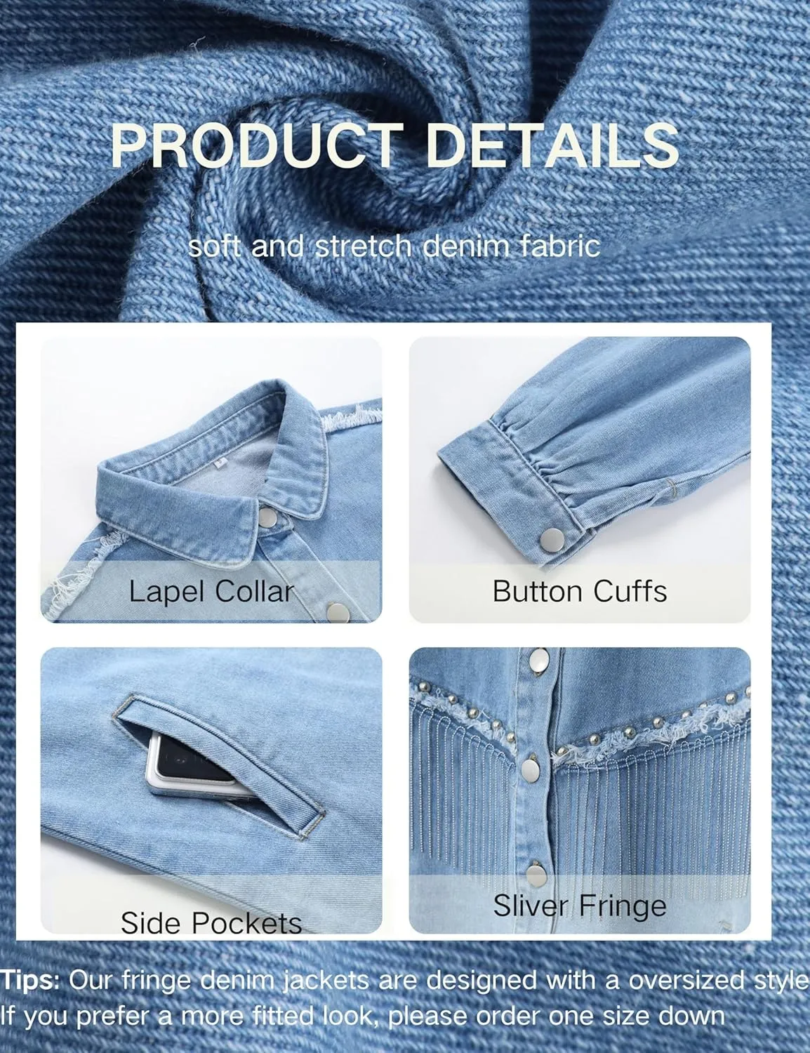 Daacee Oversized Fringe Denim Jacket for Women Frayed Sparkly Tassel Jean Shacket Cowgirl Western Country Concert Outfits
