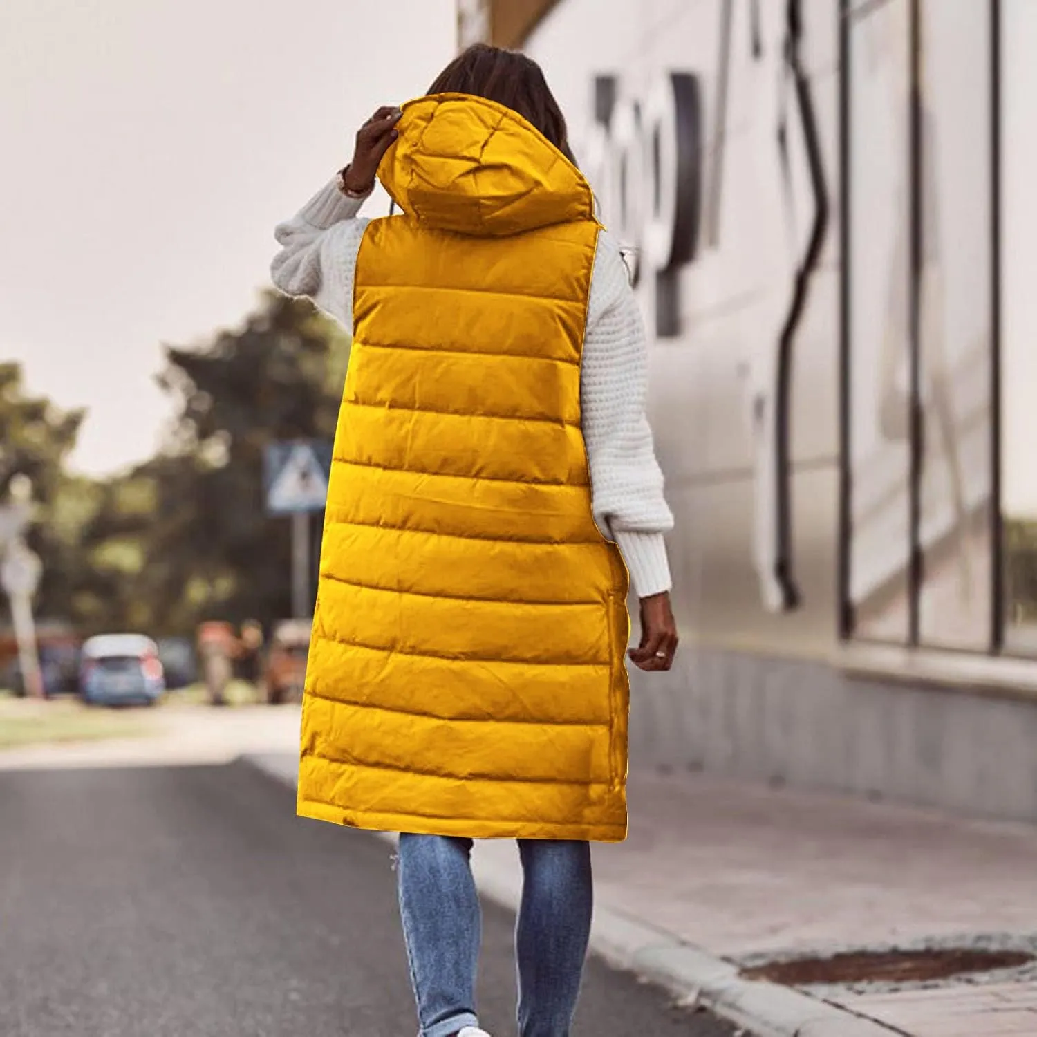 DDAPJ pyju Women's Long Puffer Vest Jacket Sleeveless Hoodies Zipper Side Quilted Coats Lightweight Padded Winter Down Coat