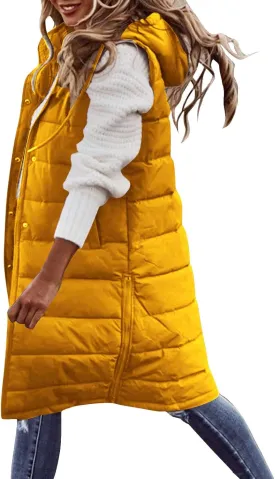 DDAPJ pyju Women's Long Puffer Vest Jacket Sleeveless Hoodies Zipper Side Quilted Coats Lightweight Padded Winter Down Coat
