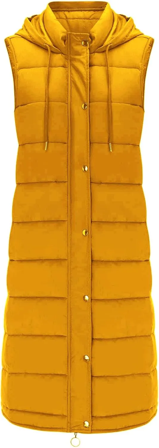 DDAPJ pyju Women's Long Puffer Vest Jacket Sleeveless Hoodies Zipper Side Quilted Coats Lightweight Padded Winter Down Coat