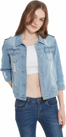 Denim Jacket For Women Jean Cropped Jacket Light Weight Soft Coat Fitted Thin Top Trendy Shacket