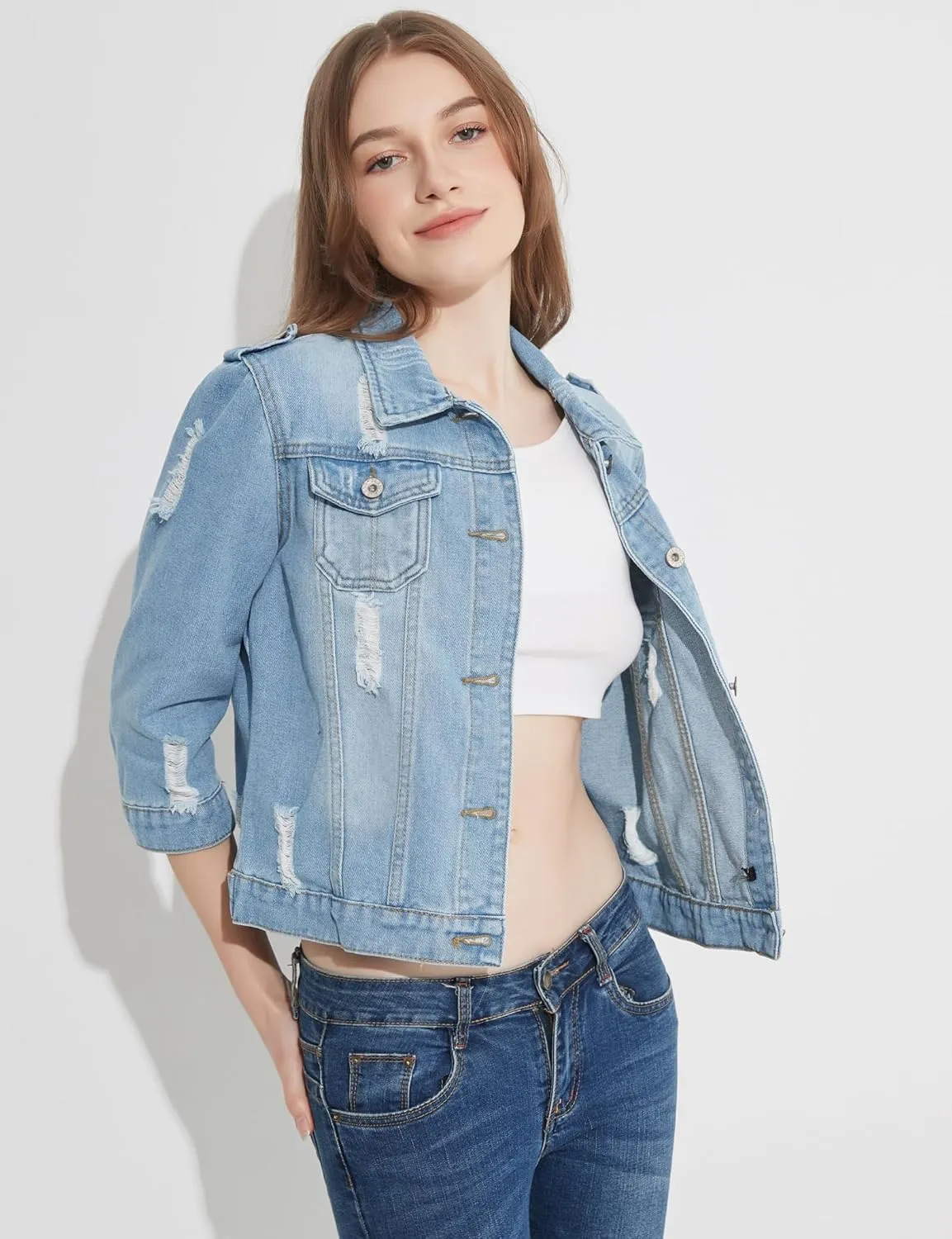 Denim Jacket For Women Jean Cropped Jacket Light Weight Soft Coat Fitted Thin Top Trendy Shacket