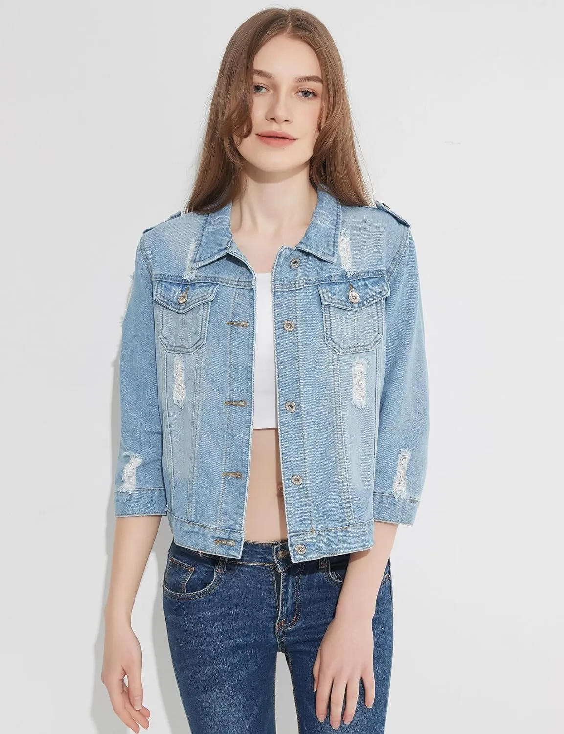 Denim Jacket For Women Jean Cropped Jacket Light Weight Soft Coat Fitted Thin Top Trendy Shacket