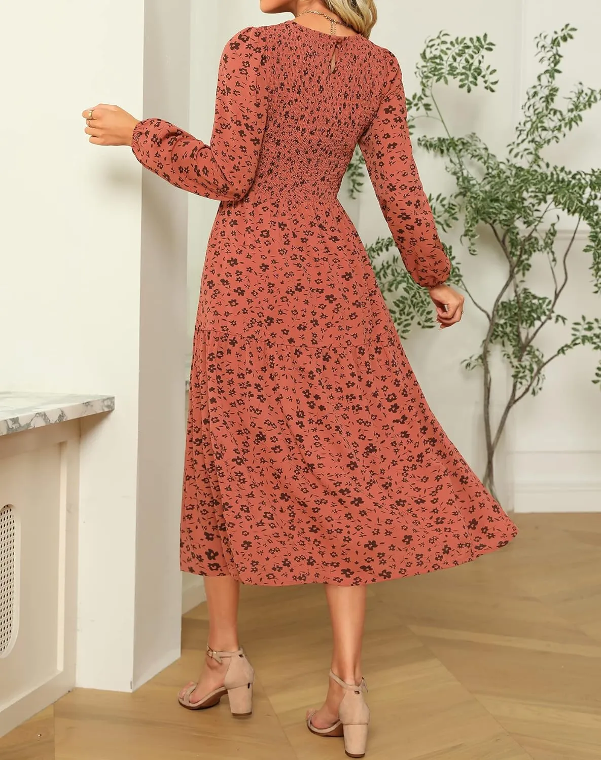 Ellakoko Womens Casual Long Sleeve Fall Smocked Midi Dress Crew Neck Floral Tiered Dress with Pockets