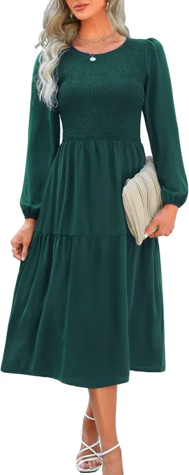 Ellakoko Womens Casual Long Sleeve Fall Smocked Midi Dress Crew Neck Floral Tiered Dress with Pockets