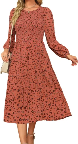 Ellakoko Womens Casual Long Sleeve Fall Smocked Midi Dress Crew Neck Floral Tiered Dress with Pockets