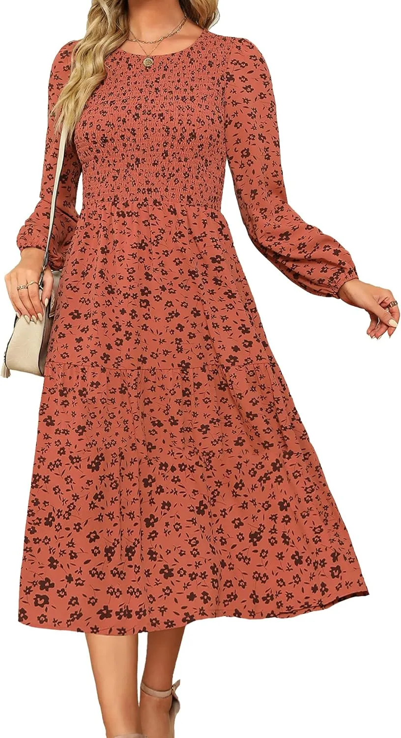 Ellakoko Womens Casual Long Sleeve Fall Smocked Midi Dress Crew Neck Floral Tiered Dress with Pockets
