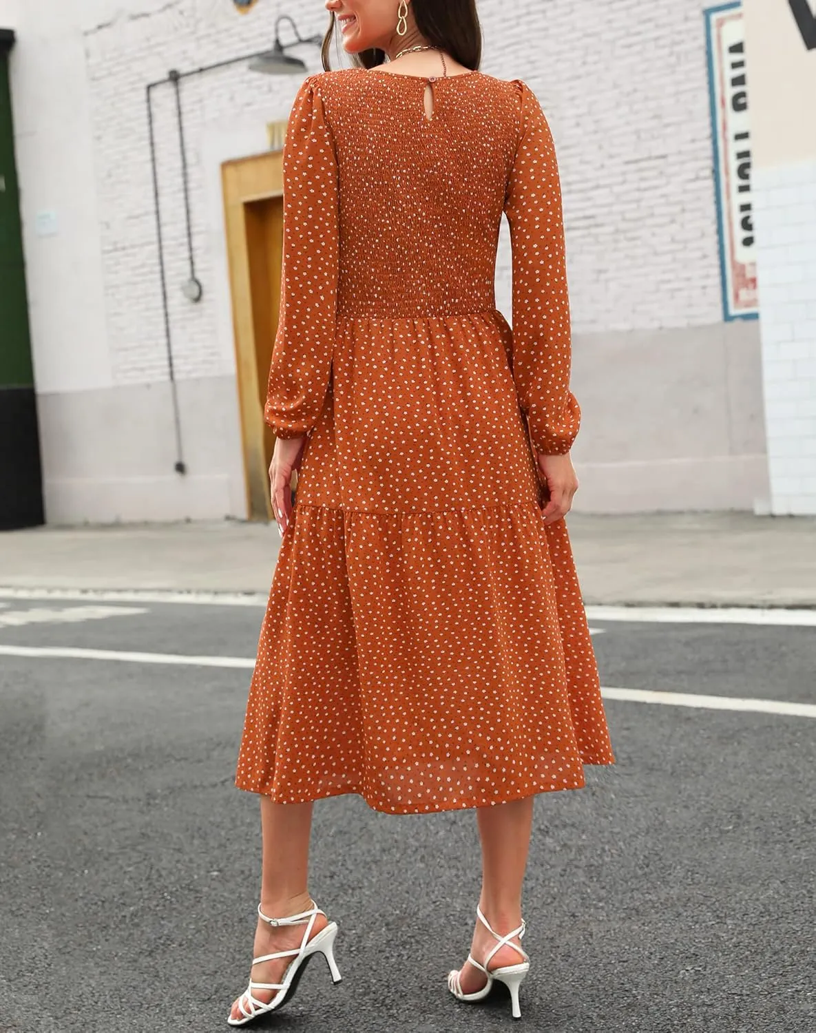 Ellakoko Womens Casual Long Sleeve Fall Smocked Midi Dress Crew Neck Floral Tiered Dress with Pockets