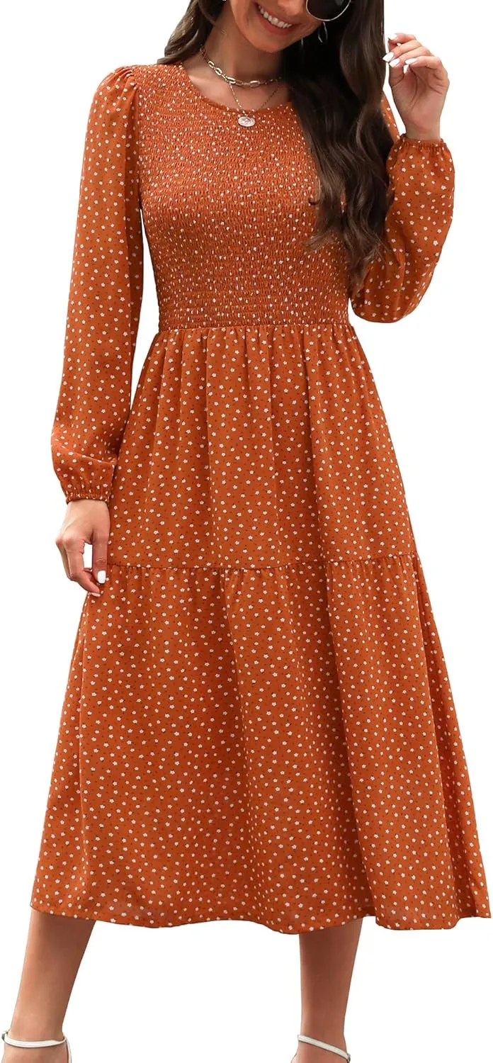 Ellakoko Womens Casual Long Sleeve Fall Smocked Midi Dress Crew Neck Floral Tiered Dress with Pockets