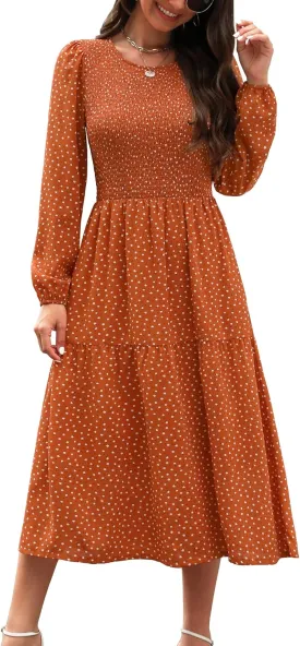 Ellakoko Womens Casual Long Sleeve Fall Smocked Midi Dress Crew Neck Floral Tiered Dress with Pockets