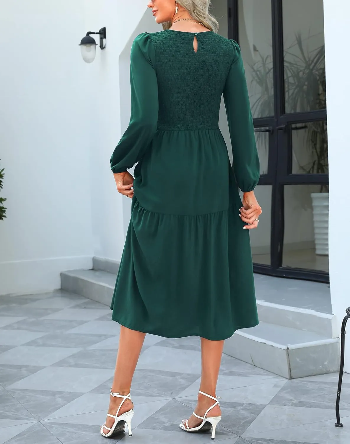 Ellakoko Womens Casual Long Sleeve Fall Smocked Midi Dress Crew Neck Floral Tiered Dress with Pockets