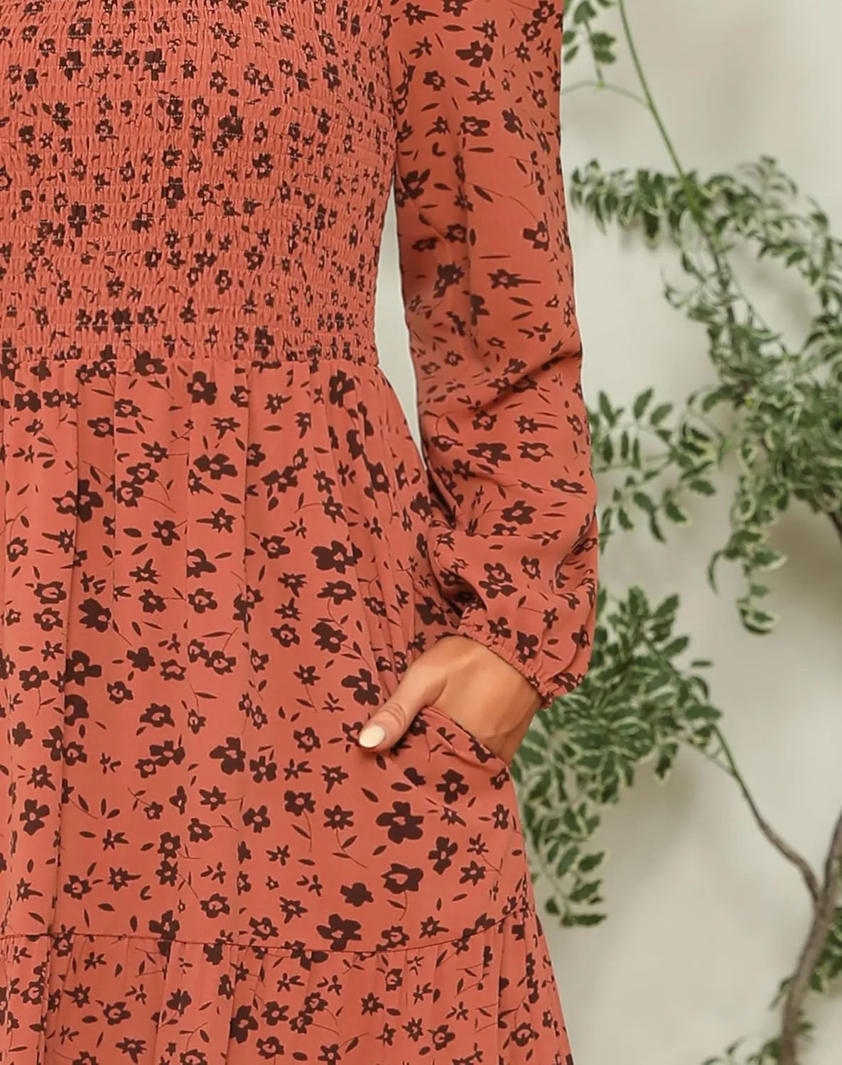 Ellakoko Womens Casual Long Sleeve Fall Smocked Midi Dress Crew Neck Floral Tiered Dress with Pockets
