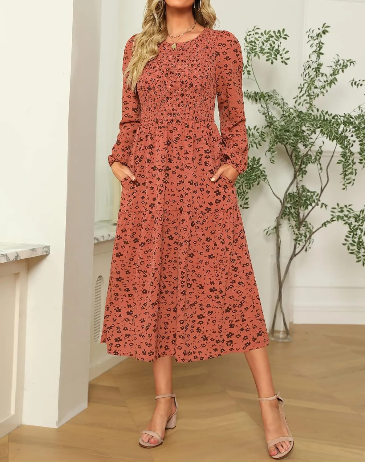 Ellakoko Womens Casual Long Sleeve Fall Smocked Midi Dress Crew Neck Floral Tiered Dress with Pockets