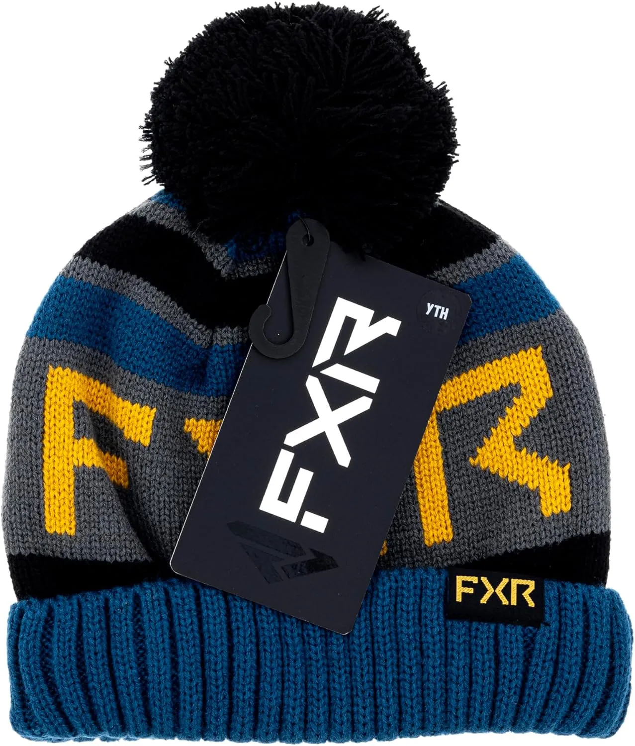 FXR Youth Helium Beanie Soft Acrylic Classic Skull Fit Fold Up Rib Cuff Pompom - Dark Steel/Sundial - One Size