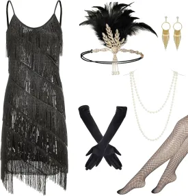 Gionforsy 1920s Flapper Dress Sequins Dress Roaring 20s Costume Accessories Set