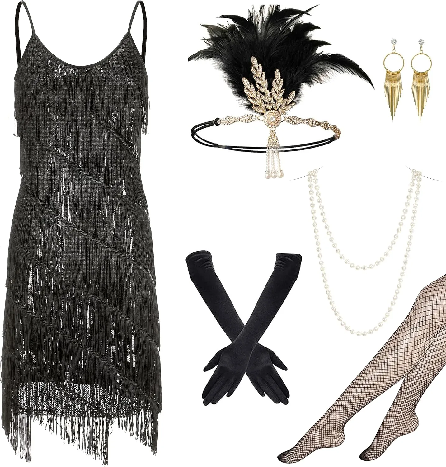 Gionforsy 1920s Flapper Dress Sequins Dress Roaring 20s Costume Accessories Set