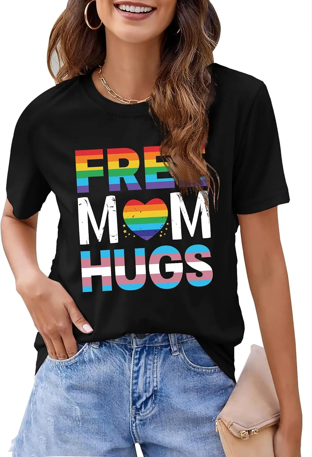 hohololo Pride Shirts Women Rainbows Graphic Tees Shirts Free Mom Hugs T-Shirt LGBTQ Short Sleeve Tops