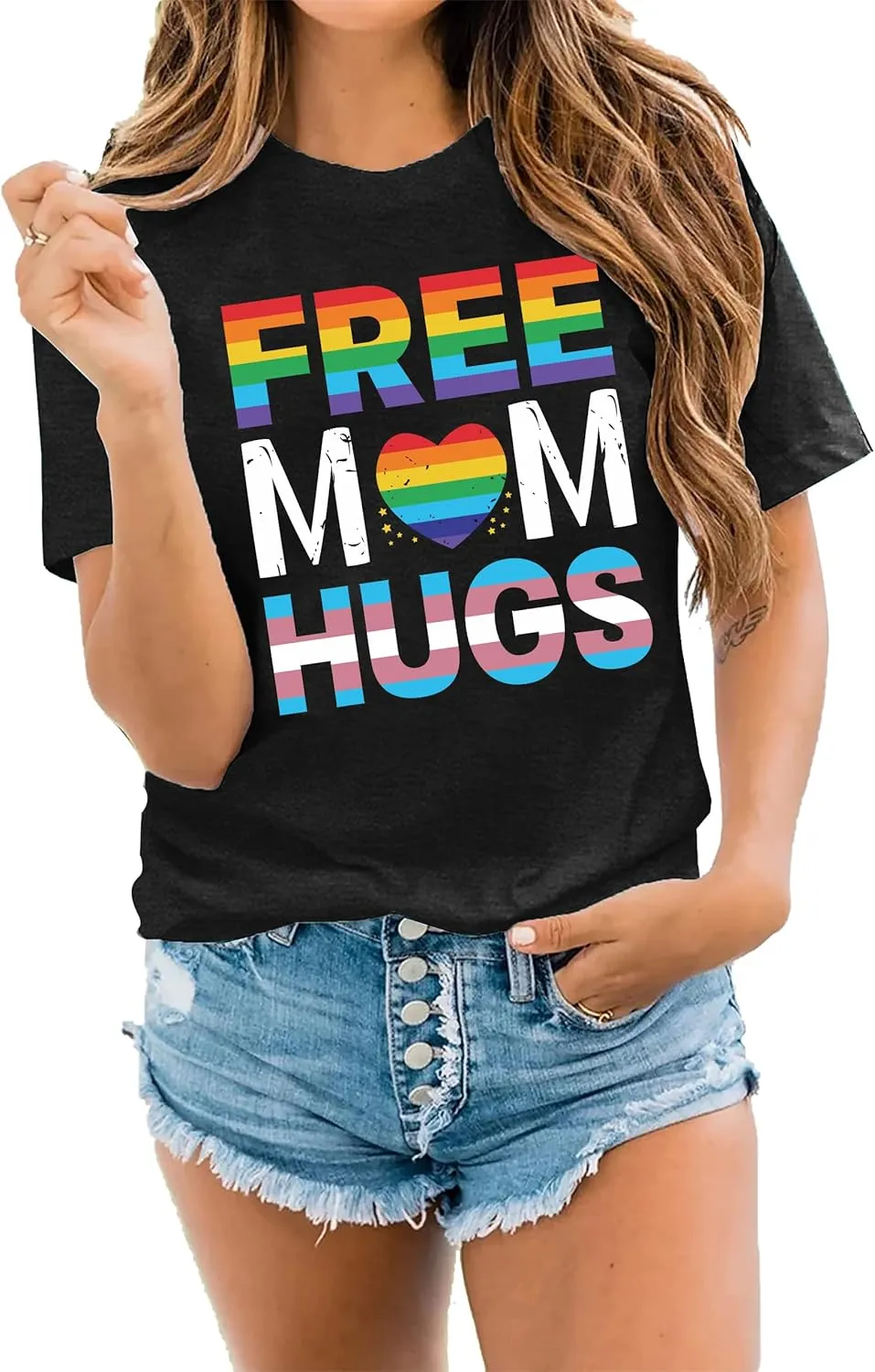 hohololo Pride Shirts Women Rainbows Graphic Tees Shirts Free Mom Hugs T-Shirt LGBTQ Short Sleeve Tops