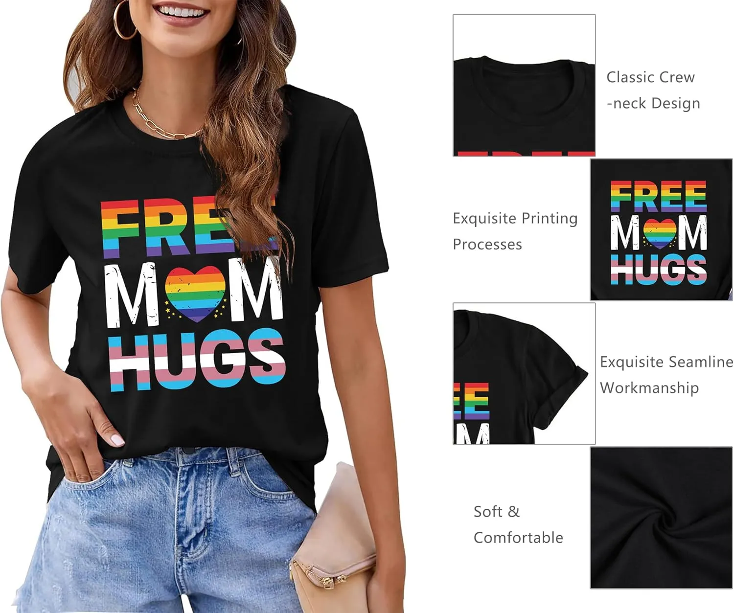 hohololo Pride Shirts Women Rainbows Graphic Tees Shirts Free Mom Hugs T-Shirt LGBTQ Short Sleeve Tops