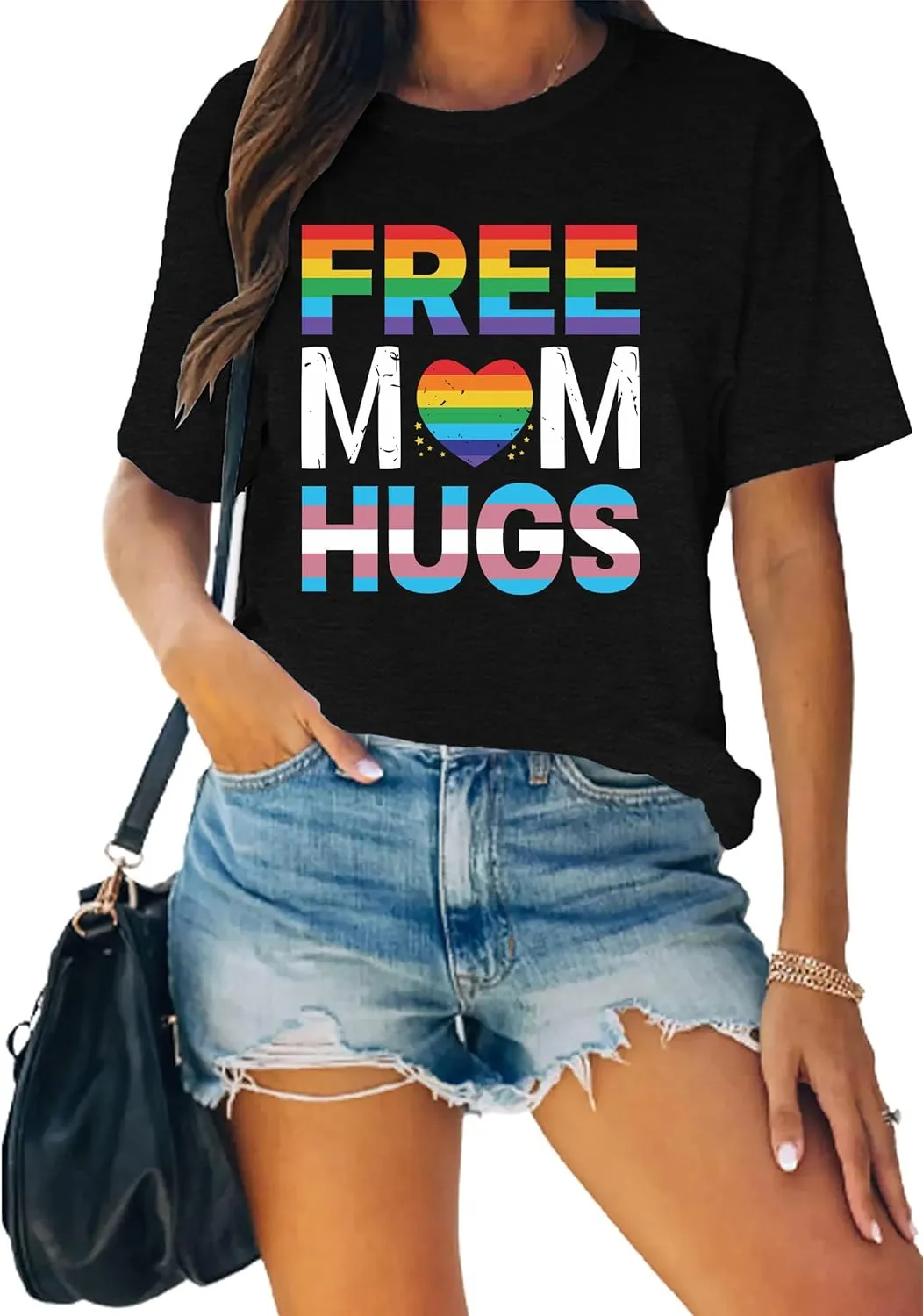 hohololo Pride Shirts Women Rainbows Graphic Tees Shirts Free Mom Hugs T-Shirt LGBTQ Short Sleeve Tops