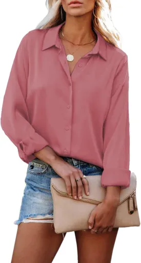HOTOUCH Women Chiffon Button Down Shirts Long Sleeve Office Blouses Casual Business Work Tops Collared Shirt S-XXL
