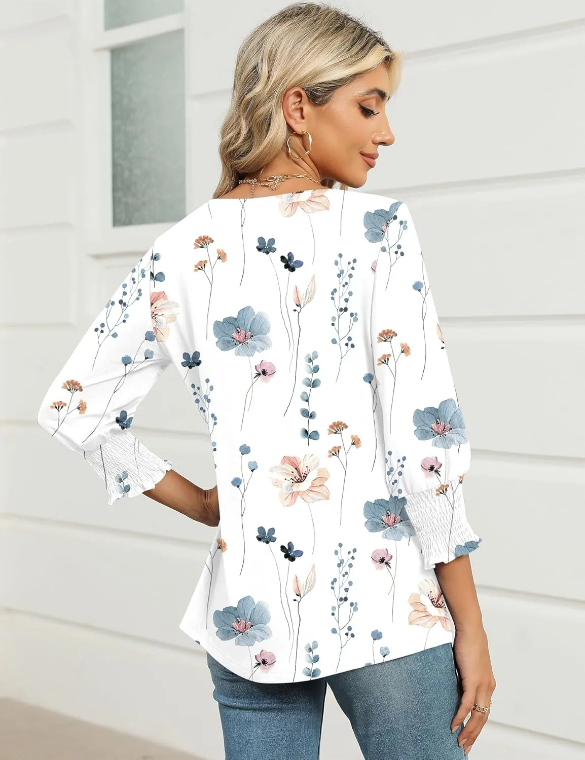IECCP 3/4 Length Sleeve Womens Tops Summer 2025 Fashion Trendy Boat Crew Neck Smocked Work Dressy Casual T Shirt Blouses