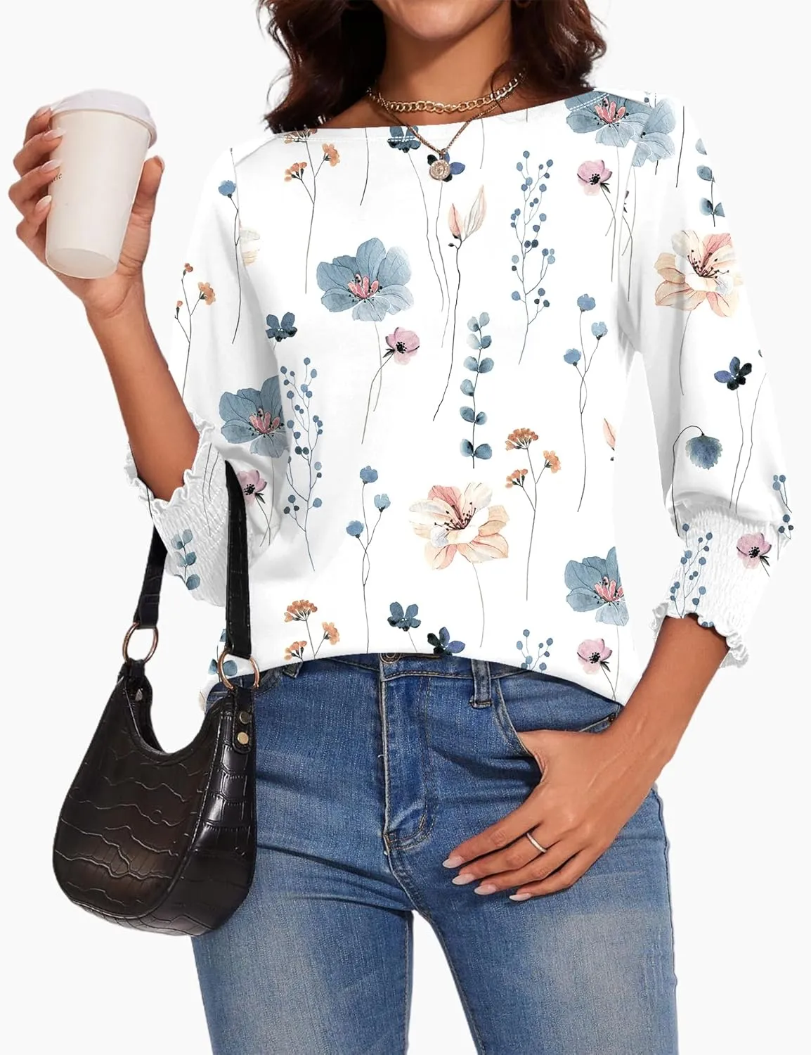 IECCP 3/4 Length Sleeve Womens Tops Summer 2025 Fashion Trendy Boat Crew Neck Smocked Work Dressy Casual T Shirt Blouses