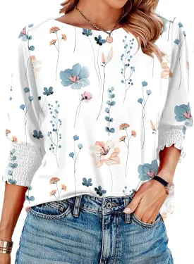 IECCP 3/4 Length Sleeve Womens Tops Summer 2025 Fashion Trendy Boat Crew Neck Smocked Work Dressy Casual T Shirt Blouses