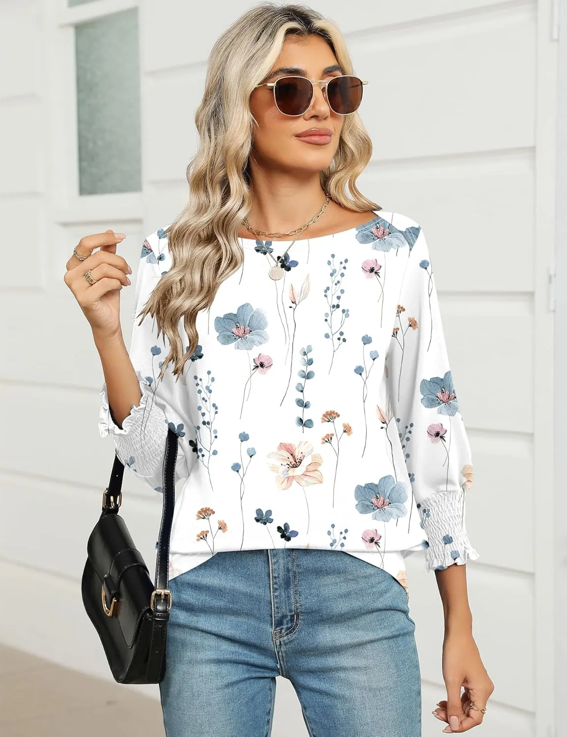 IECCP 3/4 Length Sleeve Womens Tops Summer 2025 Fashion Trendy Boat Crew Neck Smocked Work Dressy Casual T Shirt Blouses