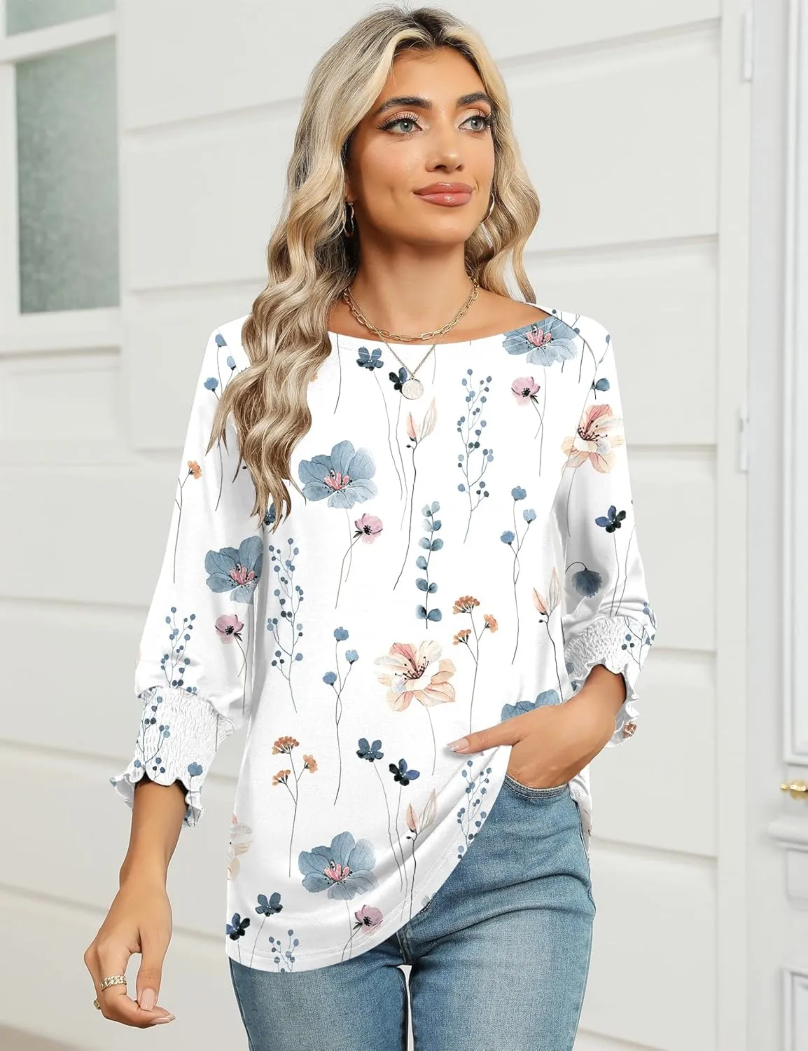 IECCP 3/4 Length Sleeve Womens Tops Summer 2025 Fashion Trendy Boat Crew Neck Smocked Work Dressy Casual T Shirt Blouses