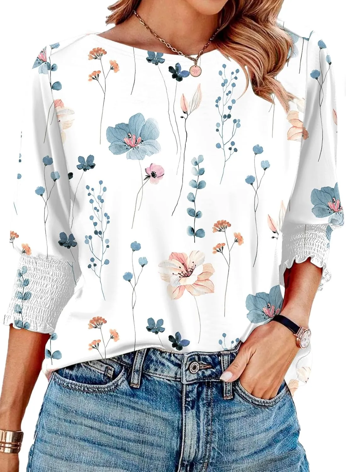 IECCP 3/4 Length Sleeve Womens Tops Summer 2025 Fashion Trendy Boat Crew Neck Smocked Work Dressy Casual T Shirt Blouses