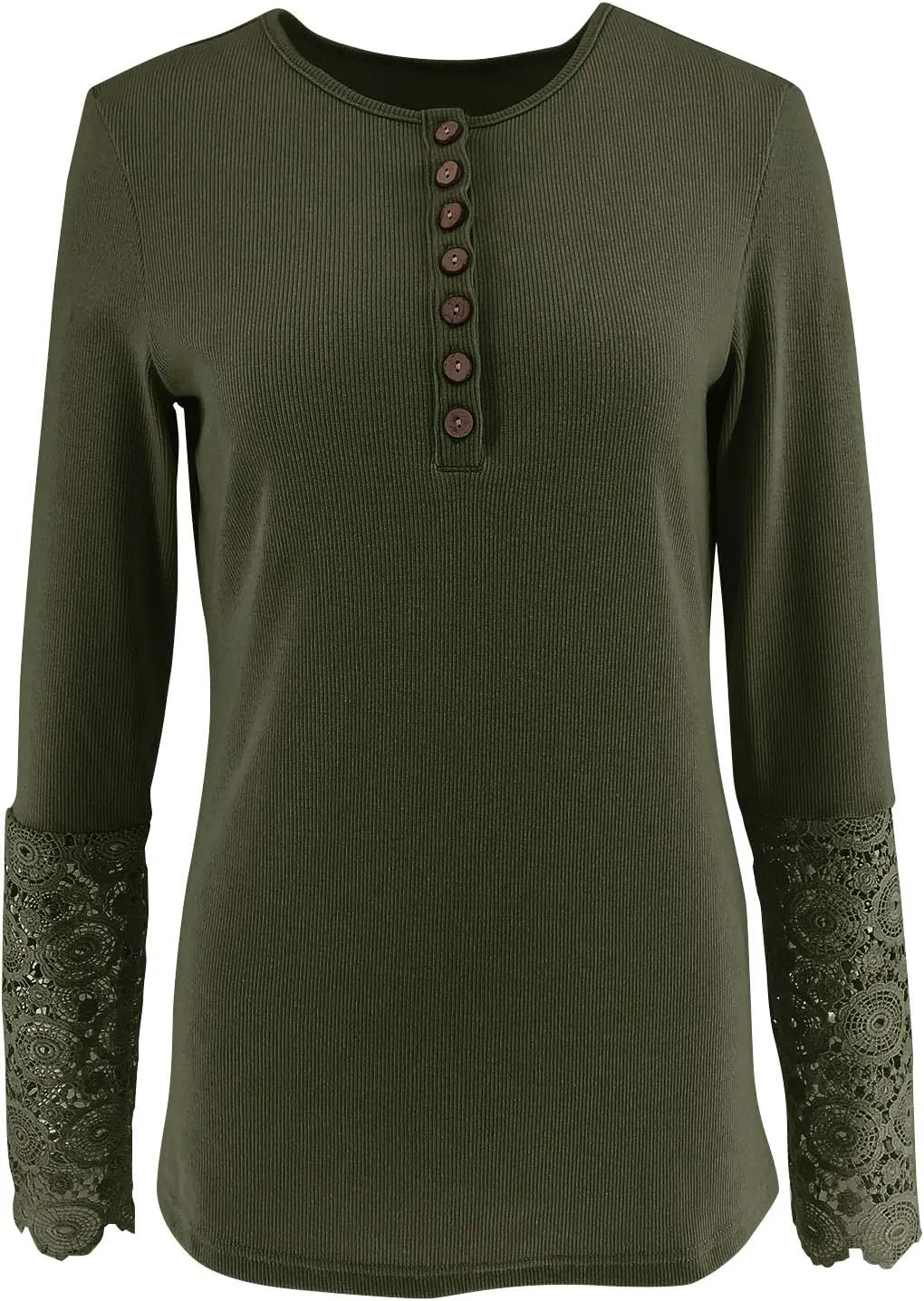 Limerose Women's Long Sleeve Lace Trim Tunic Tops Button Down Casual Blouse Cute Crew Neck Ribbed Shirt