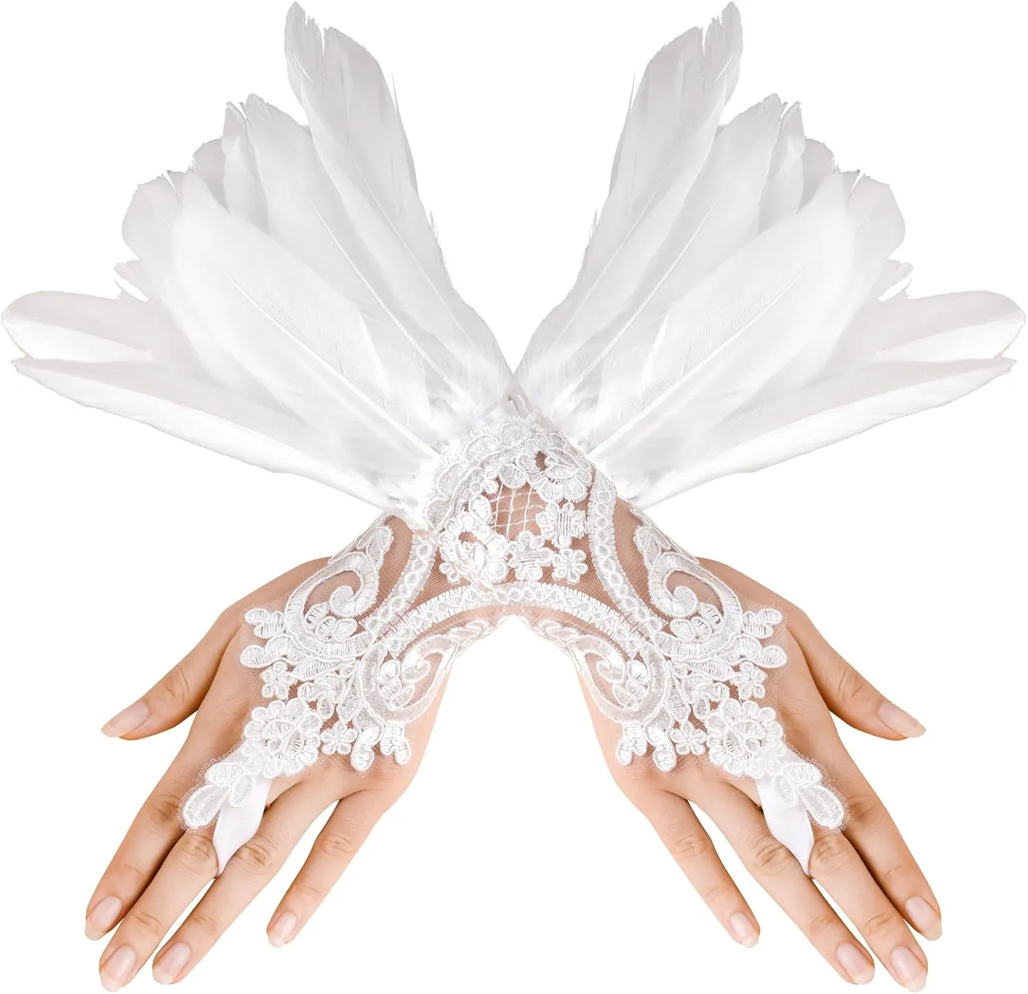 Long Lace Masquerade Gloves with Feather Cuffs - Party Gloves for Women