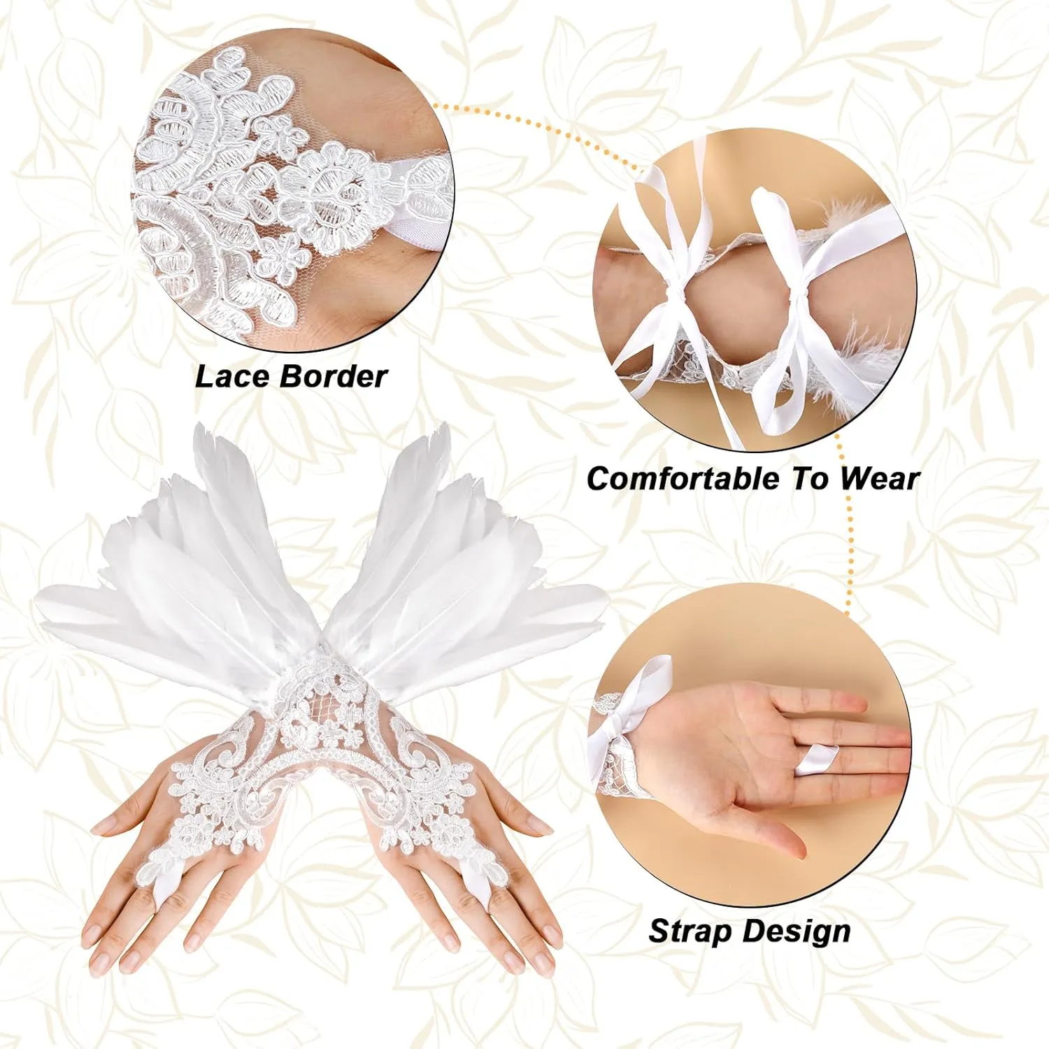 Long Lace Masquerade Gloves with Feather Cuffs - Party Gloves for Women