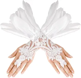 Long Lace Masquerade Gloves with Feather Cuffs - Party Gloves for Women