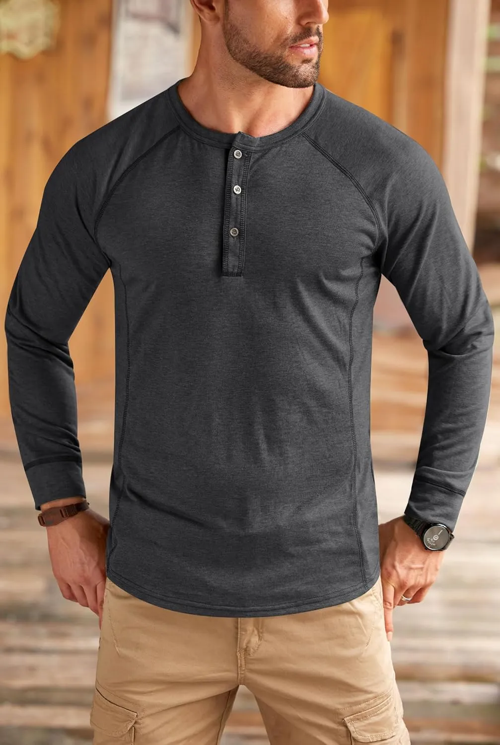 Mens Henley Shirts Long Sleeve Casual Classic Button Raglan T-Shirt (S-XXL)